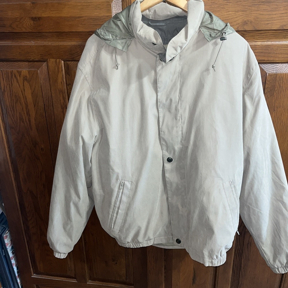 London Fog Ltd Edition Large Coat Jacket Tan Gray Removable Lining Stowaway Hood
